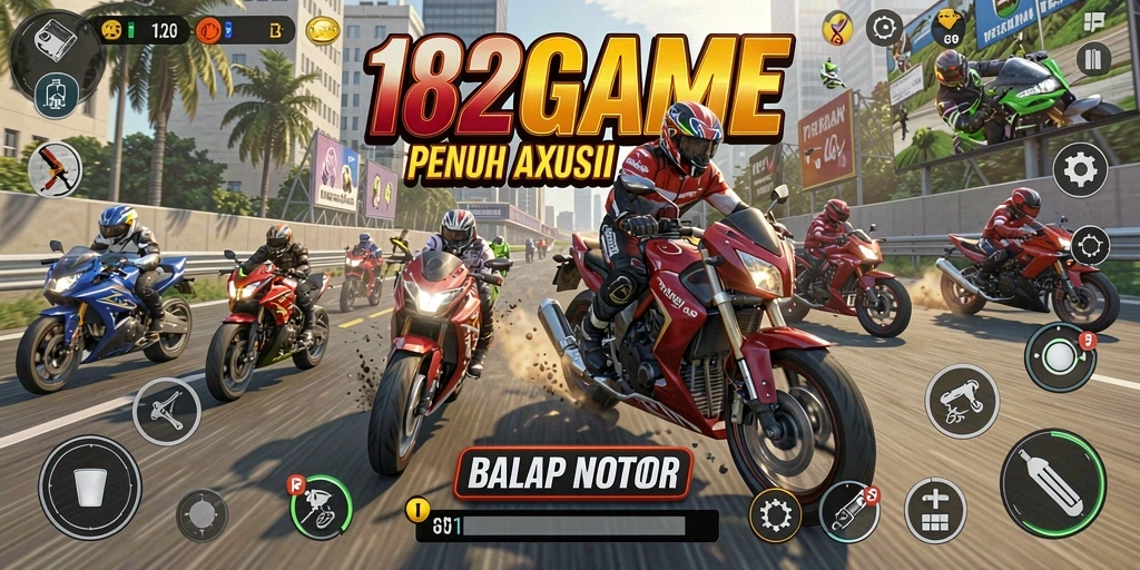 Tampilan gameplay 182GAME dengan aksi balapan motor yang seru.