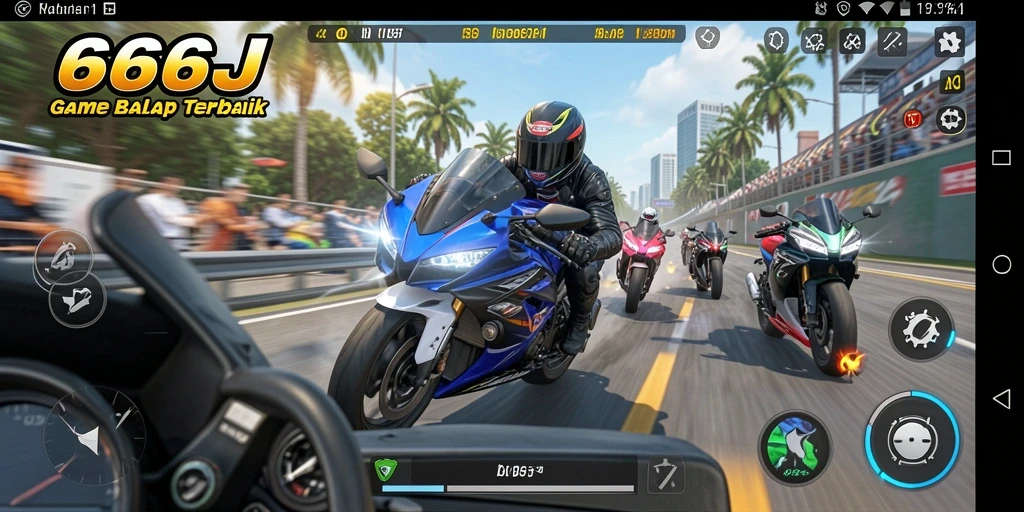 Screenshot gameplay 666J dengan tampilan balap motor yang intens.