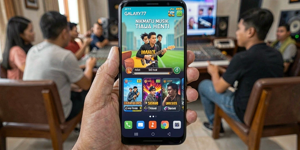 Tampilan gameplay dalam GALAXY77 dengan lagu favorit.