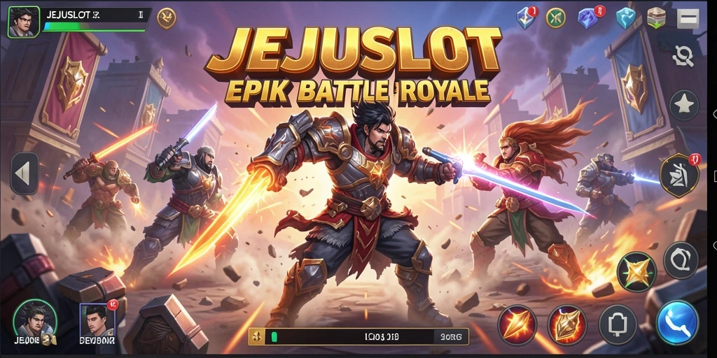 Tampilan gameplay seru dalam JEJUSLOT dengan aksi pertempuran intens.